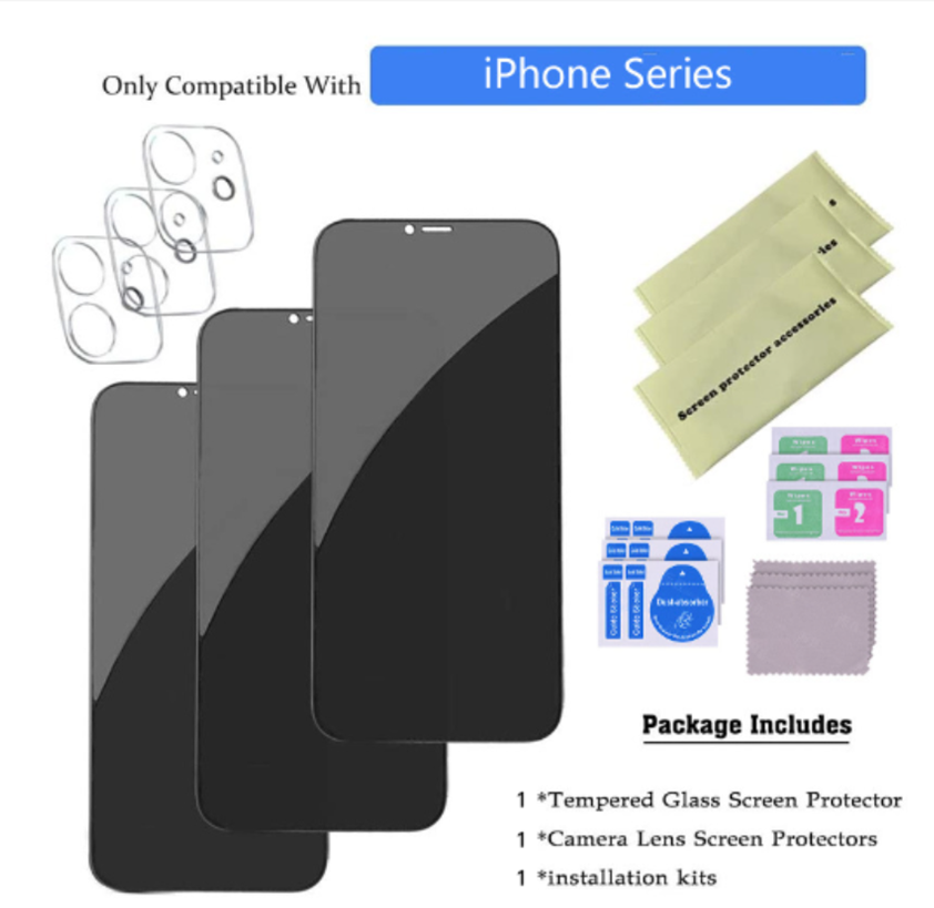 Tempered Glass Privacy Screen Protector with Lens Film for iPhone 14 13 12 11 16 Pro