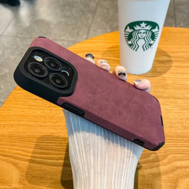 Capa Mate Macia em Pele Sintética para iPhone, Proteção de Lente e Anti-choque