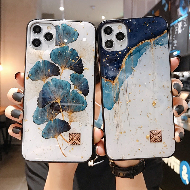 Capa de iPhone em Silicone com Mármore, Dourado e Glitter para iPhone 6 a 12 e SE 2020