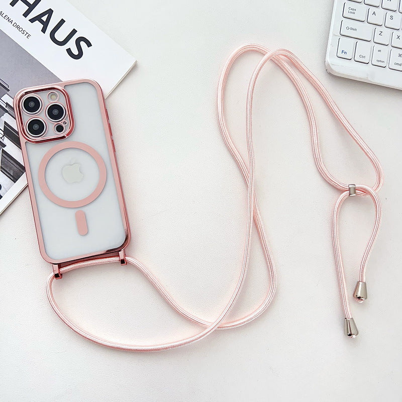 Applicable iPhone 16 Electroplated Lanyard Phone Case 15 Pro Transparent Magnetic Apple 17 Crossbody Shockproof Protective Cover