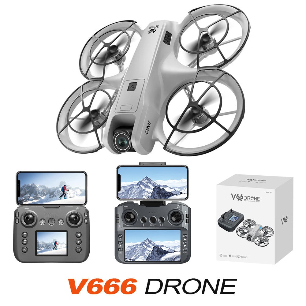 Drone V666 com Ecrã e Fotografia Aérea HD – Proteção Total, Manter Altitude, Comando com Ecrã