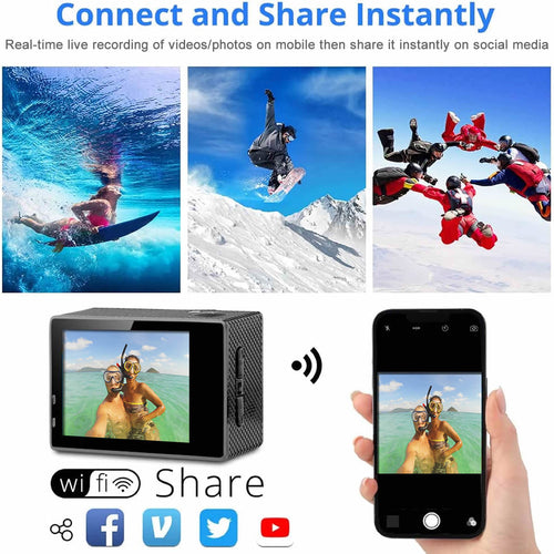 Câmara de Ação 4K Waterproof WiFi com Comando RF e Acessórios