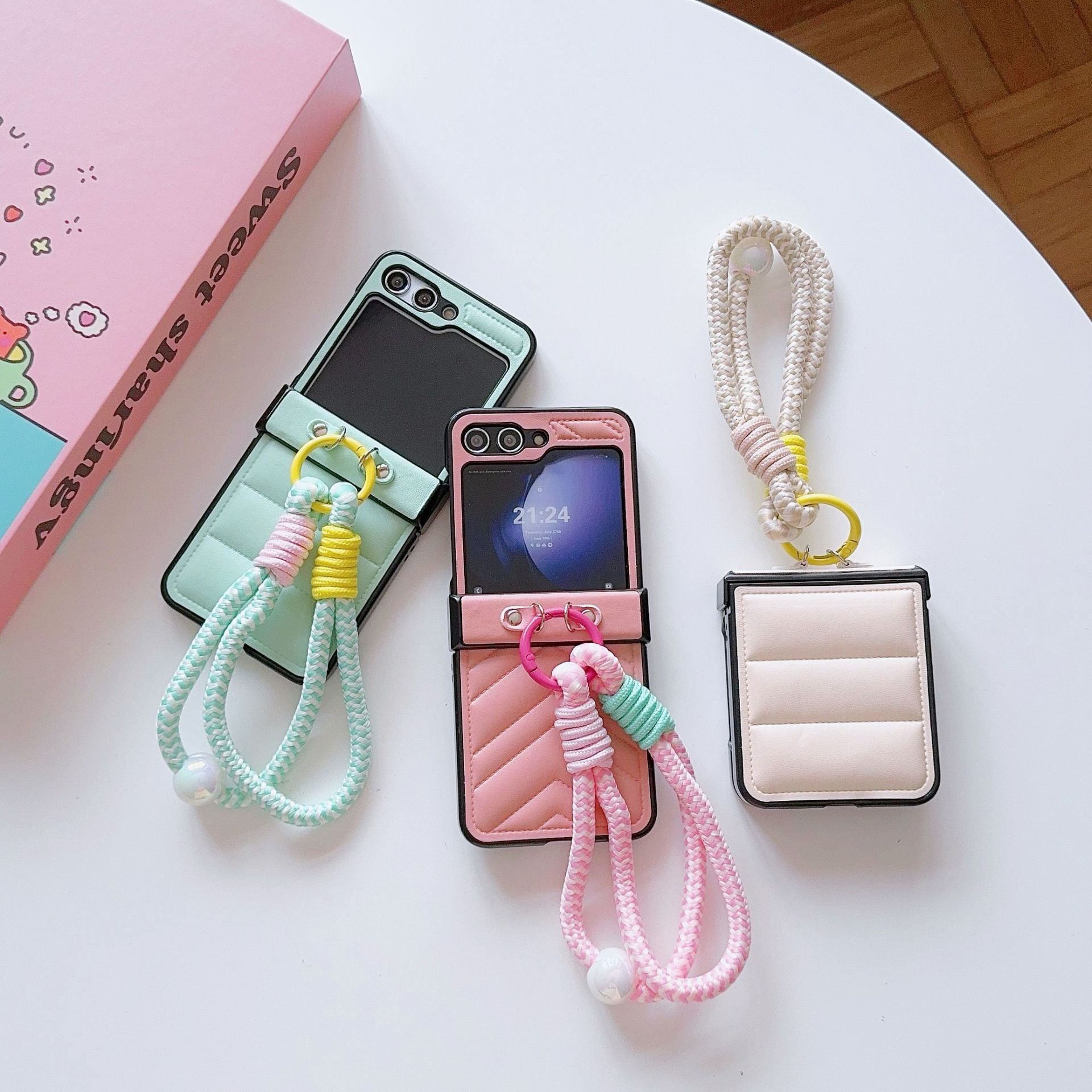 Korean Style Leather Stripe Case for Galaxy Z Flip 7/6/3/4 with Strap, Samsung 5th Gen Foldable Phone Protection