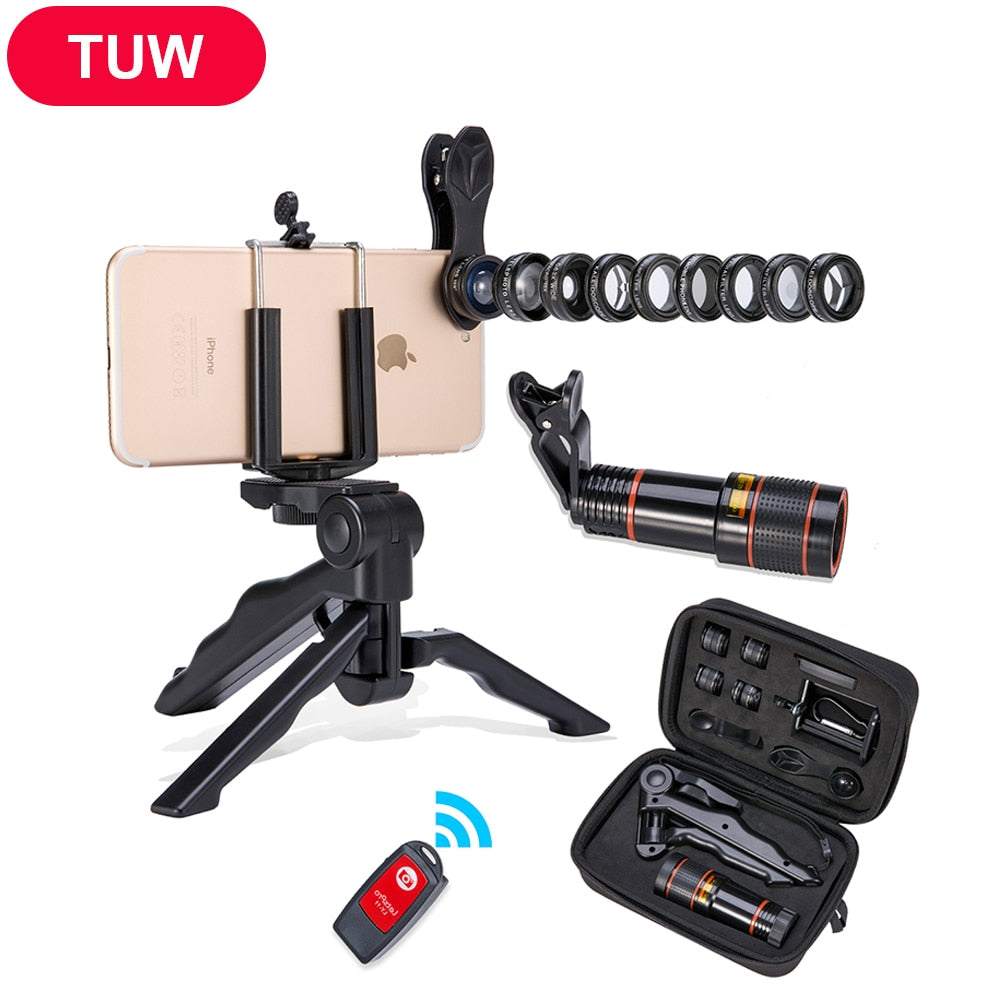 Kit de Lentes para Telemóvel Akinger | Olho de Peixe, Grande Angular, Macro e Teleobjetiva | 4 a 13 Lentes