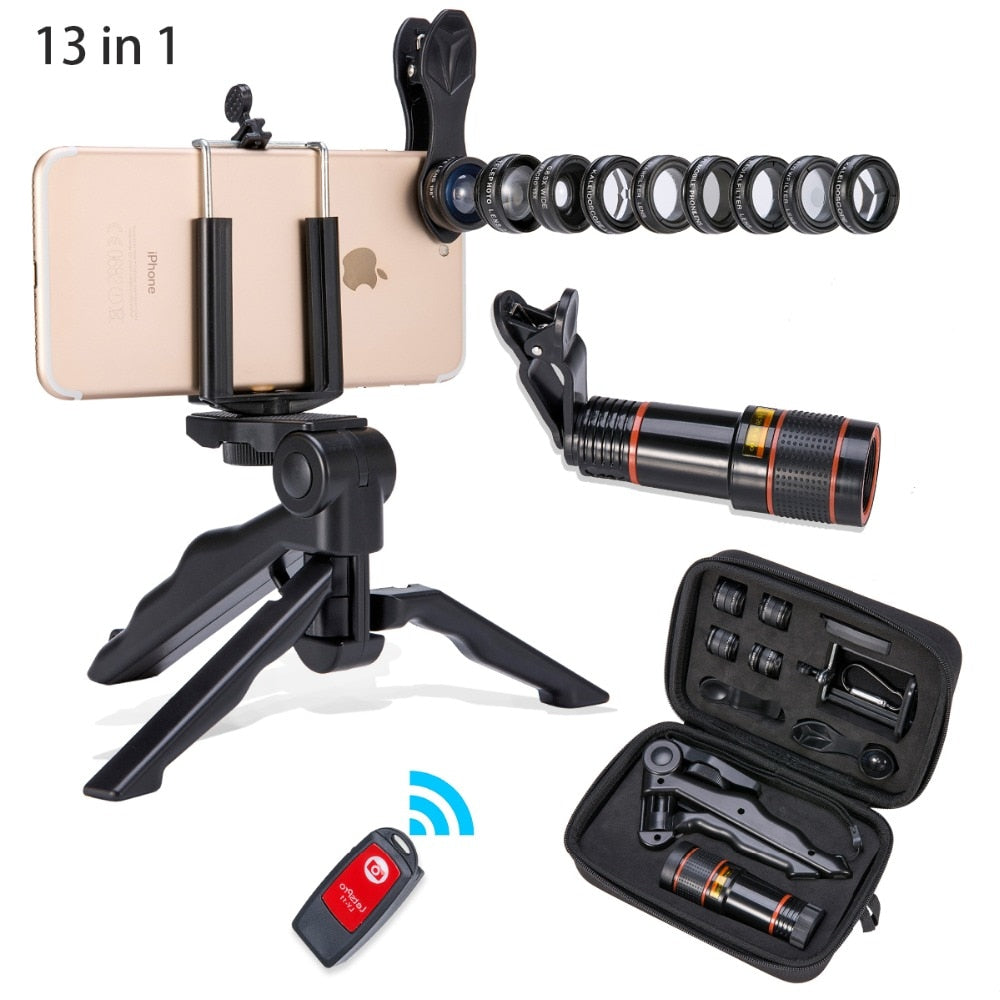 Kit de Lentes para Telemóvel Akinger | Olho de Peixe, Grande Angular, Macro e Teleobjetiva | 4 a 13 Lentes