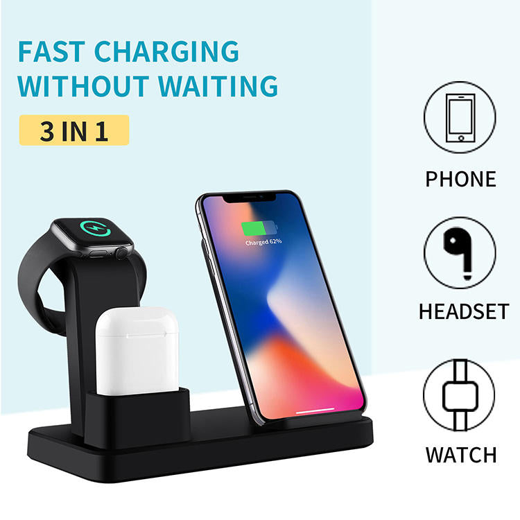 Carregador Sem Fios 3 em 1 de 10 W com Suporte para iPhone, Relógio e Auriculares