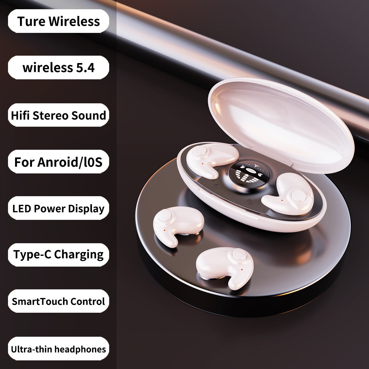 Auriculares Bluetooth Mini para Dormir, Intra-Auriculares com Redução de Ruído