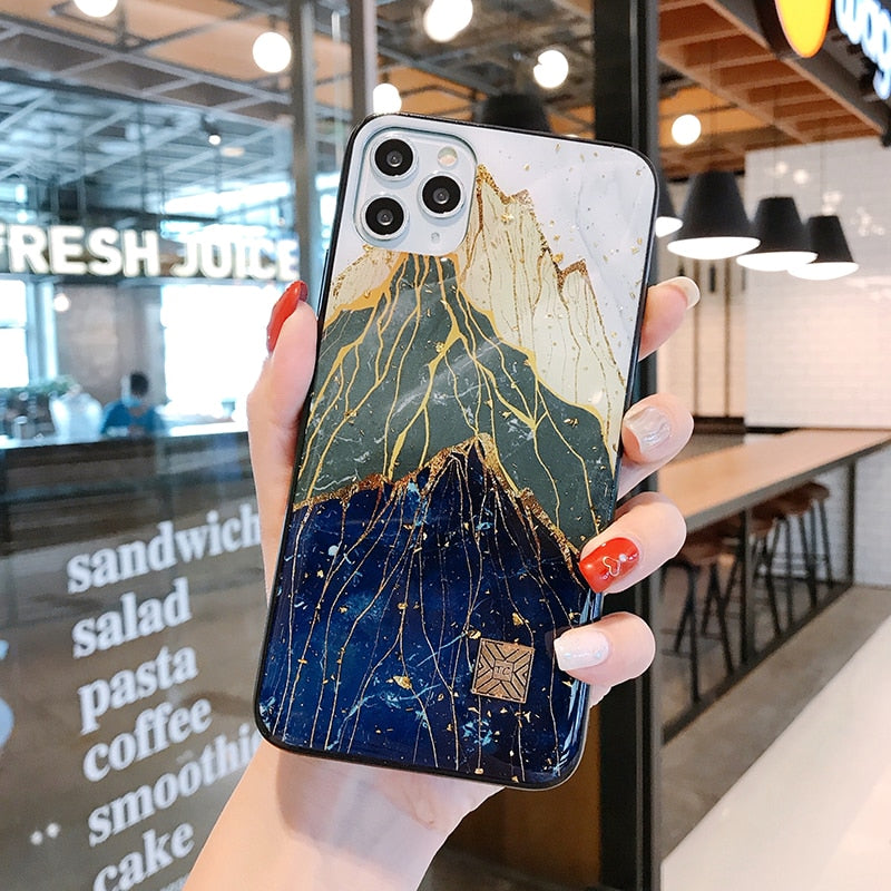 Capa de iPhone em Silicone com Mármore, Dourado e Glitter para iPhone 6 a 12 e SE 2020