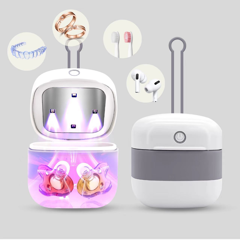 Esterilizador de Chupetas Portátil com Desinfecção UV – Caixa de Armazenamento para Chupetas e Auriculares Bluetooth