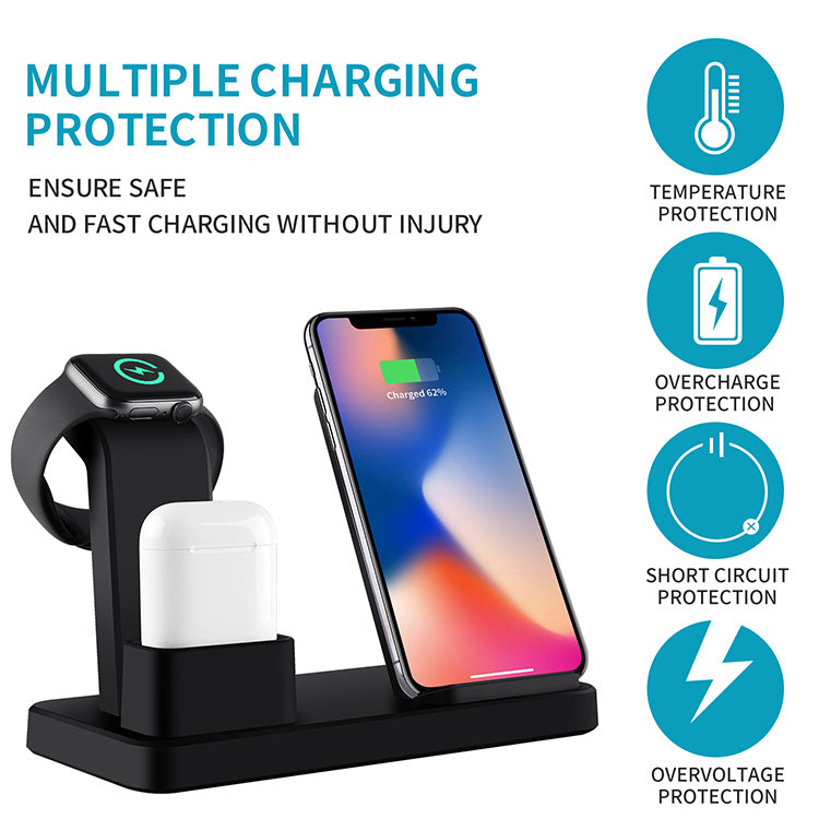 Carregador Sem Fios 3 em 1 de 10 W com Suporte para iPhone, Relógio e Auriculares