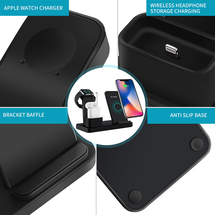 Carregador Sem Fios 3 em 1 de 10 W com Suporte para iPhone, Relógio e Auriculares