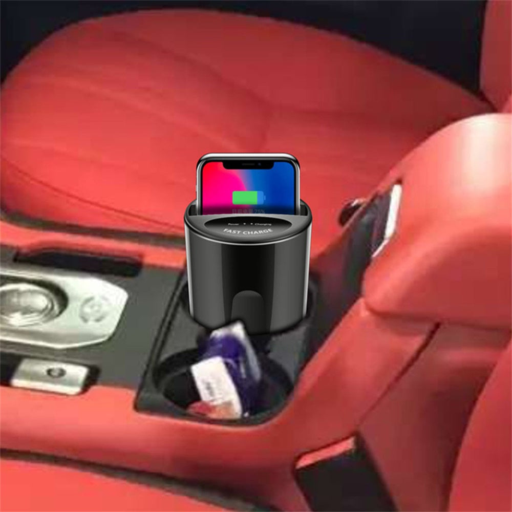 Carregador Sem Fios Qi de 10 W para Automóvel com Suporte para Porta-copos