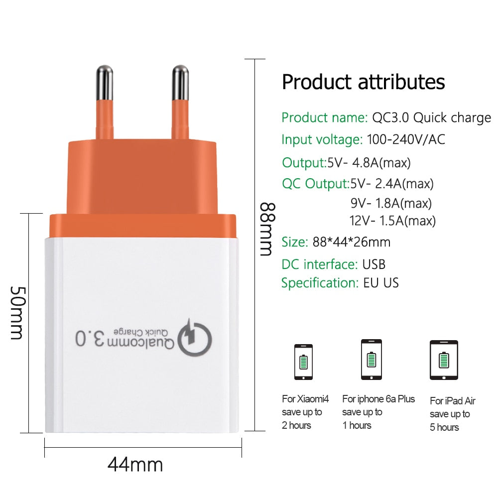 Carregador USB 18W Quick Charge 3.0 com 3 Portas — 5V/3A, Ficha EU/US, para iPhone e Android