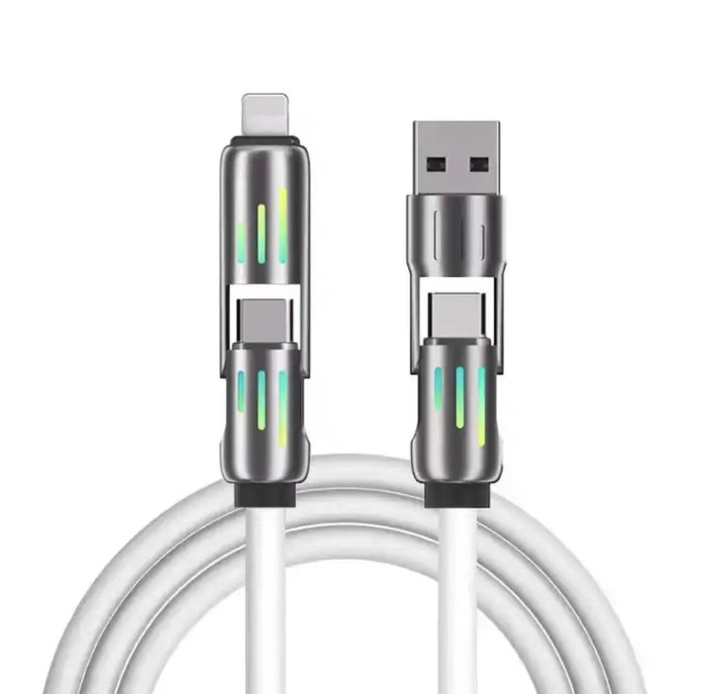 Colorful LED Silicone 4-in-1 Charging Cable with Zinc Alloy PD 100W Fast Charging, 6A Car Charger, Multi-functional Universal Compatible Charging Cable