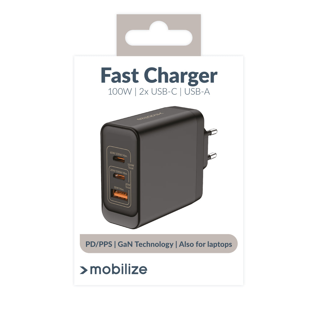 Mobilize Wall Charger 2X Usb-C + 1X Usb Gan 100W With Pd/Pps Black