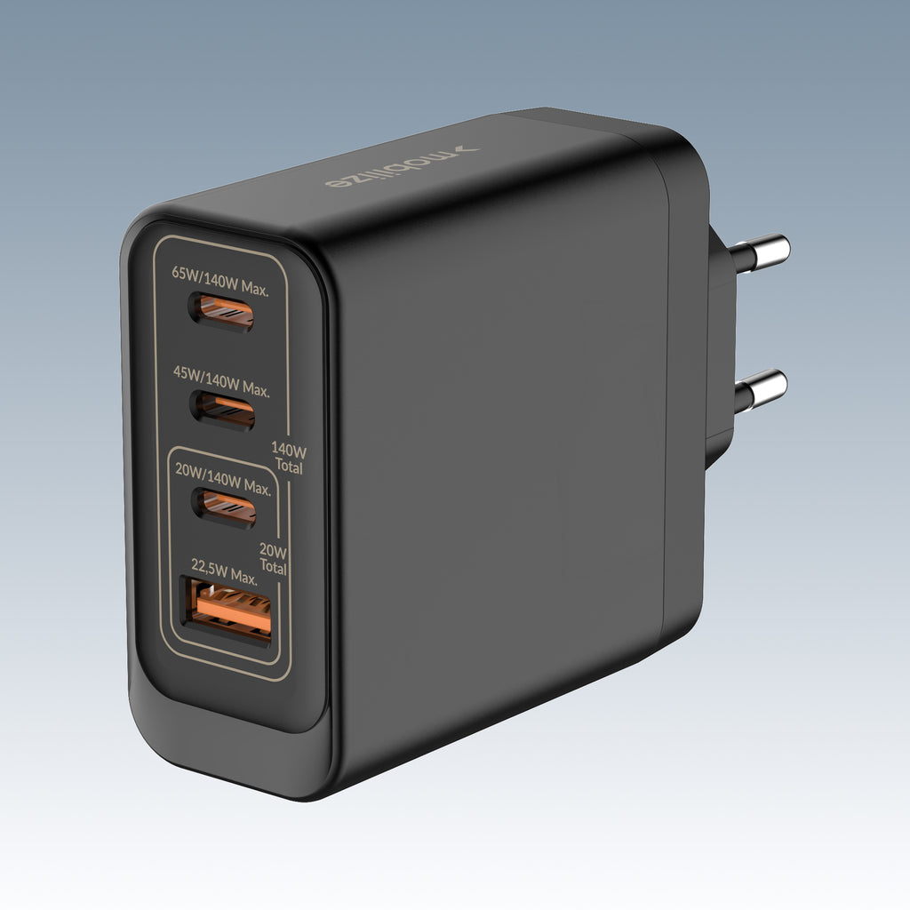Mobilize Wall Charger 3X Usb-C + 1X Usb Gan 140W With Pd/Pps Black