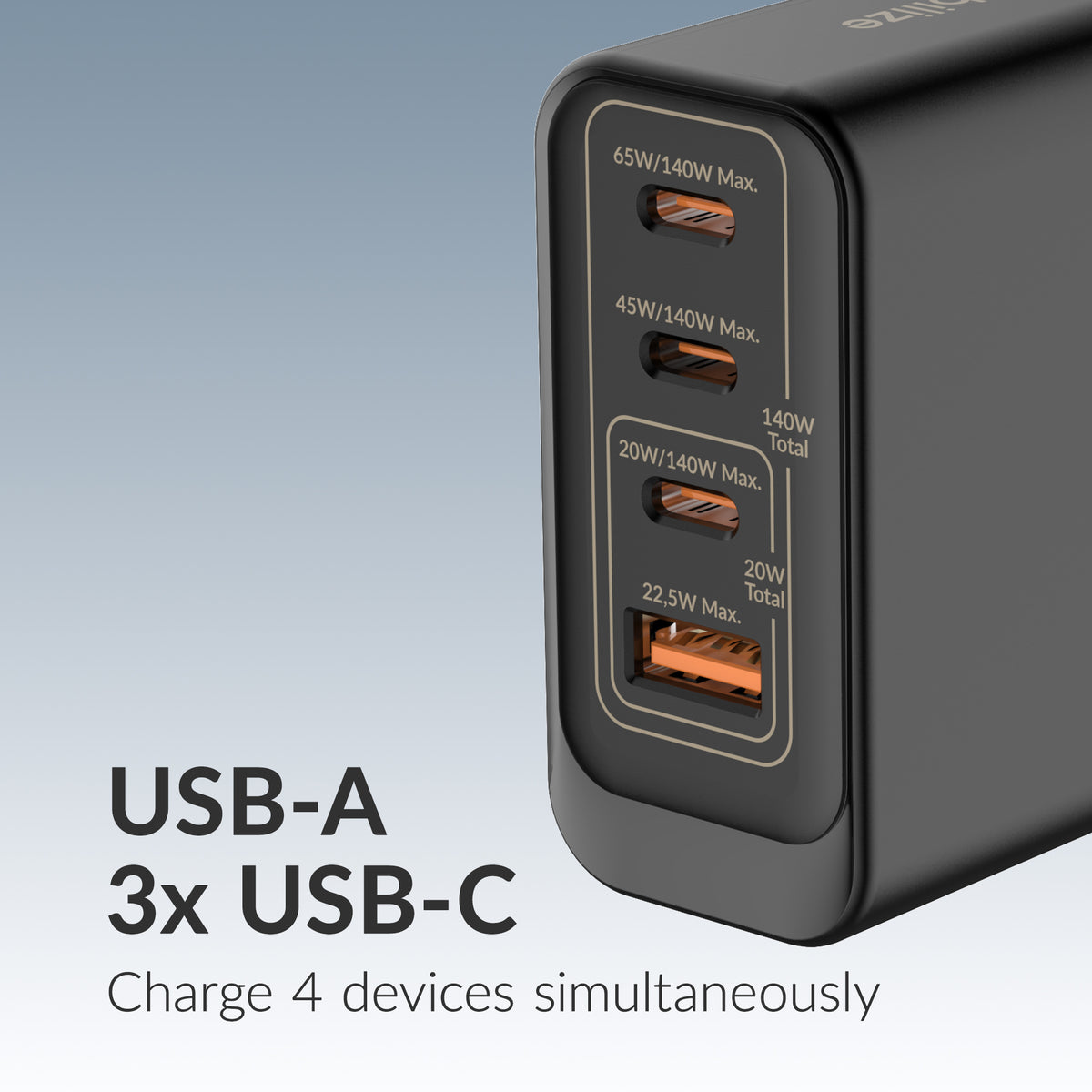 Mobilize Wall Charger 3X Usb-C + 1X Usb Gan 140W With Pd/Pps Black