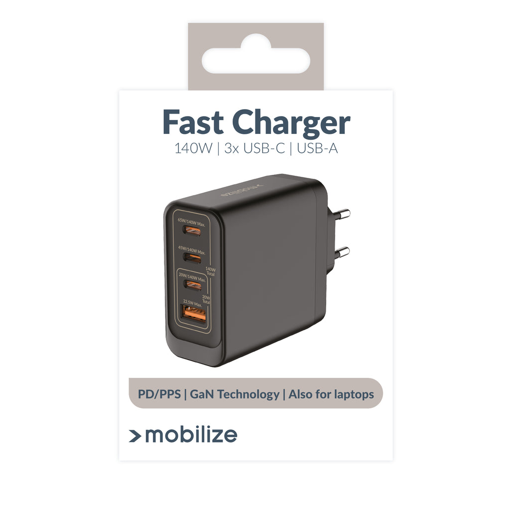 Mobilize Wall Charger 3X Usb-C + 1X Usb Gan 140W With Pd/Pps Black