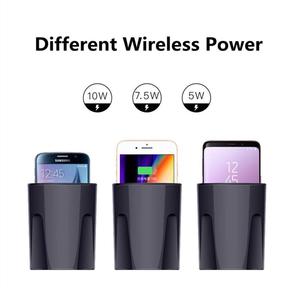 Carregador Sem Fios Qi de 10 W para Automóvel com Suporte para Porta-copos