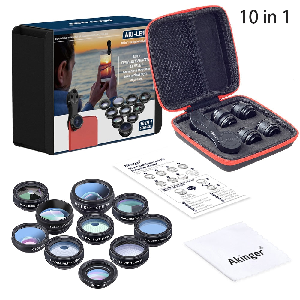 Kit de Lentes para Telemóvel Akinger | Olho de Peixe, Grande Angular, Macro e Teleobjetiva | 4 a 13 Lentes