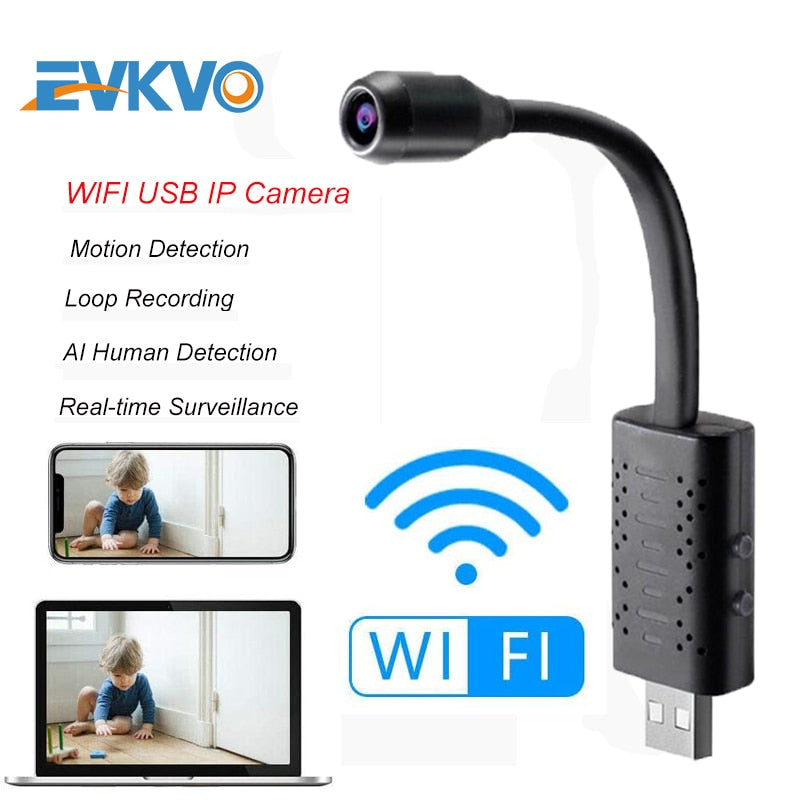 EVKVO Mini Câmara WiFi USB HD 1080P — Vigilância em Tempo Real, Deteção Humana por IA, Gravação em Loop