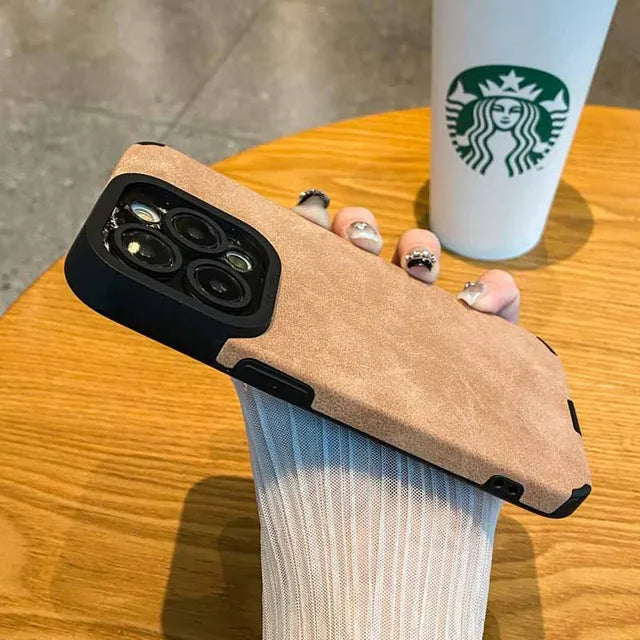 Capa Mate Macia em Pele Sintética para iPhone, Proteção de Lente e Anti-choque