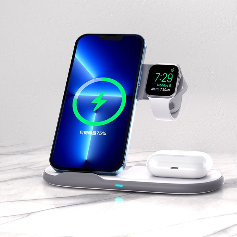 Carregador Sem Fios Dobrável 3 em 1 para iPhone, Auriculares e Relógio