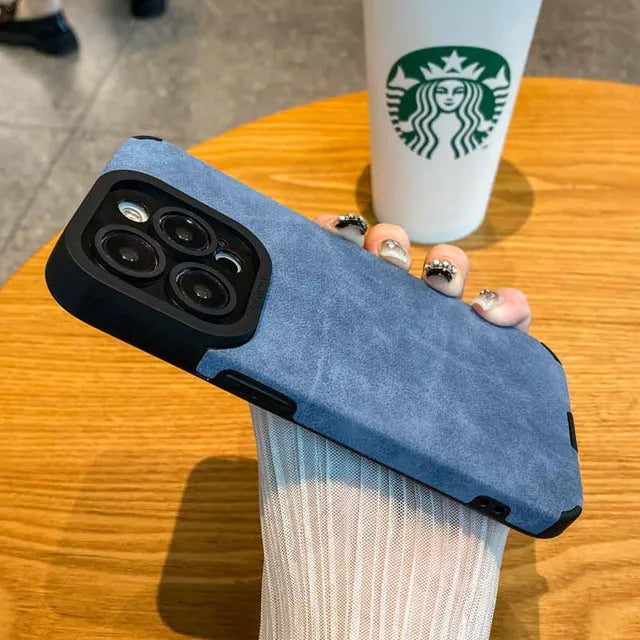 Capa Mate Macia em Pele Sintética para iPhone, Proteção de Lente e Anti-choque
