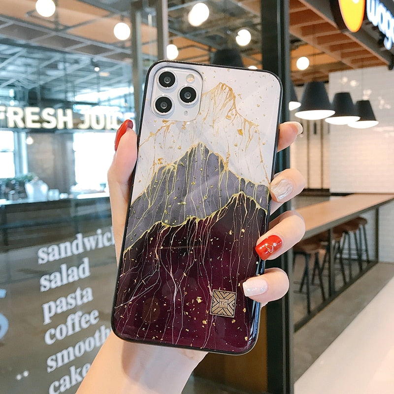 Capa de iPhone em Silicone com Mármore, Dourado e Glitter para iPhone 6 a 12 e SE 2020