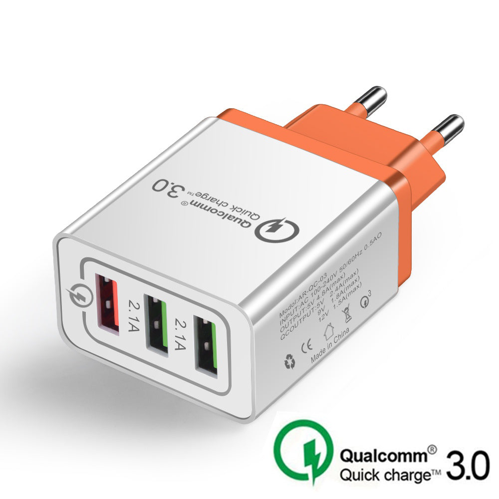 Carregador USB 18W Quick Charge 3.0 com 3 Portas — 5V/3A, Ficha EU/US, para iPhone e Android