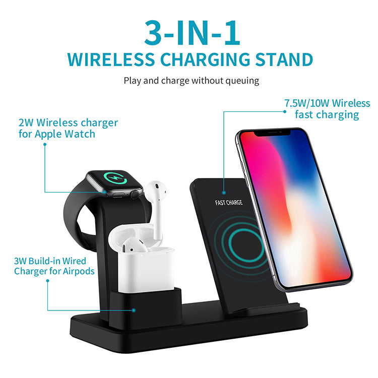 Carregador Sem Fios 3 em 1 de 10 W com Suporte para iPhone, Relógio e Auriculares