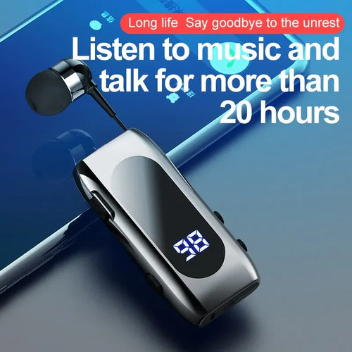 Auricular Bluetooth 5.2 Mini com Clip e Cabo Retrátil | Mãos-Livres para Negócios e Desporto