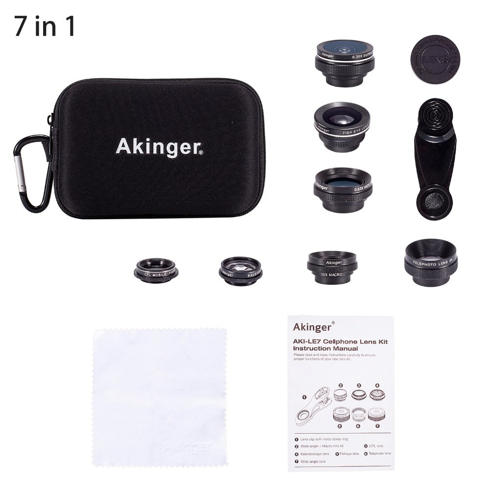 Kit de Lentes para Telemóvel Akinger | Olho de Peixe, Grande Angular, Macro e Teleobjetiva | 4 a 13 Lentes