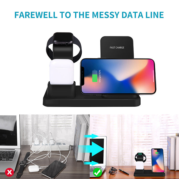 Carregador Sem Fios 3 em 1 de 10 W com Suporte para iPhone, Relógio e Auriculares