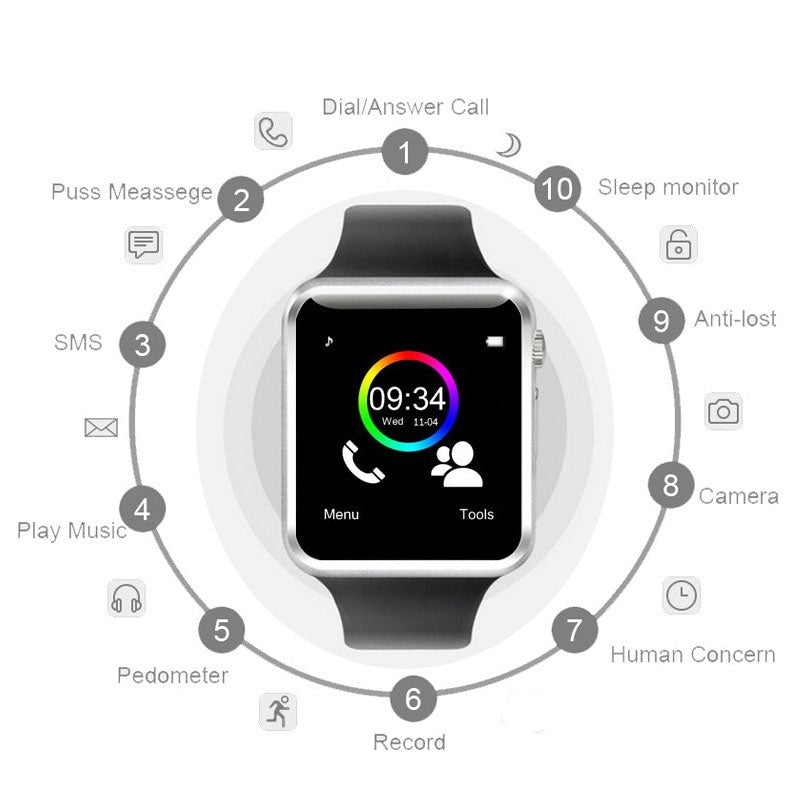 Smartwatch A1 Bluetooth com Cartão SIM | Pedometer, Câmara 0,3MP, Ecrã 1,54"