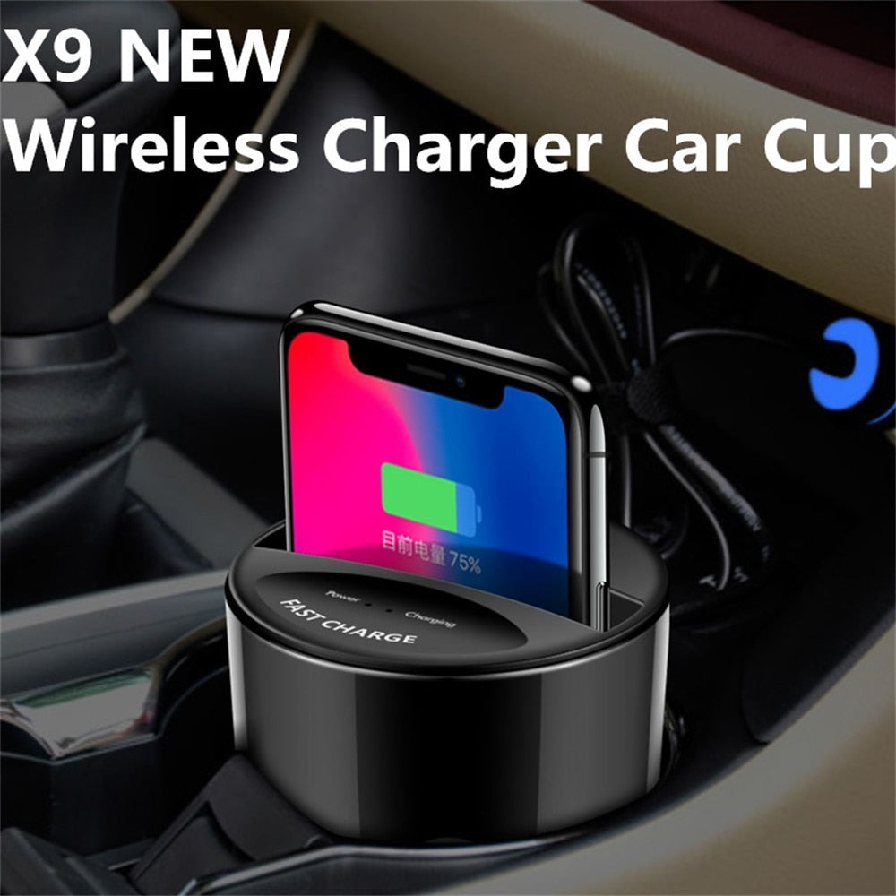 Carregador Sem Fios Qi de 10 W para Automóvel com Suporte para Porta-copos