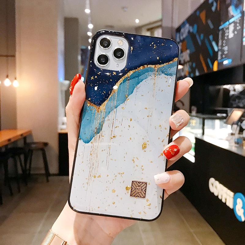 Capa de iPhone em Silicone com Mármore, Dourado e Glitter para iPhone 6 a 12 e SE 2020