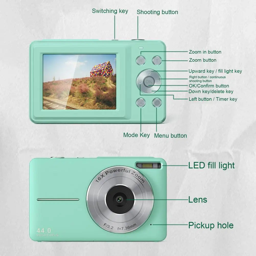Câmara Digital FHD 1080P 44MP – Compacta e Portátil para Fotografia, Crianças e Adultos
