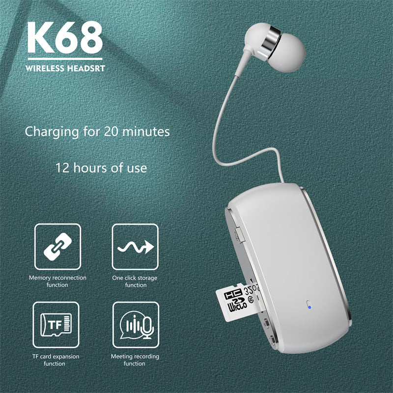 Auricular Bluetooth K68 de Colar com Cabo Retrátil, MP3 e Gravação