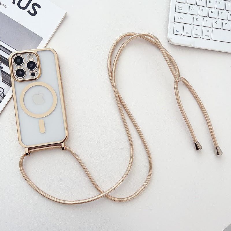 Applicable iPhone 16 Electroplated Lanyard Phone Case 15 Pro Transparent Magnetic Apple 17 Crossbody Shockproof Protective Cover