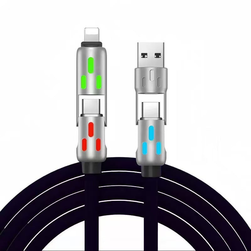 Colorful LED Silicone 4-in-1 Charging Cable with Zinc Alloy PD 100W Fast Charging, 6A Car Charger, Multi-functional Universal Compatible Charging Cable