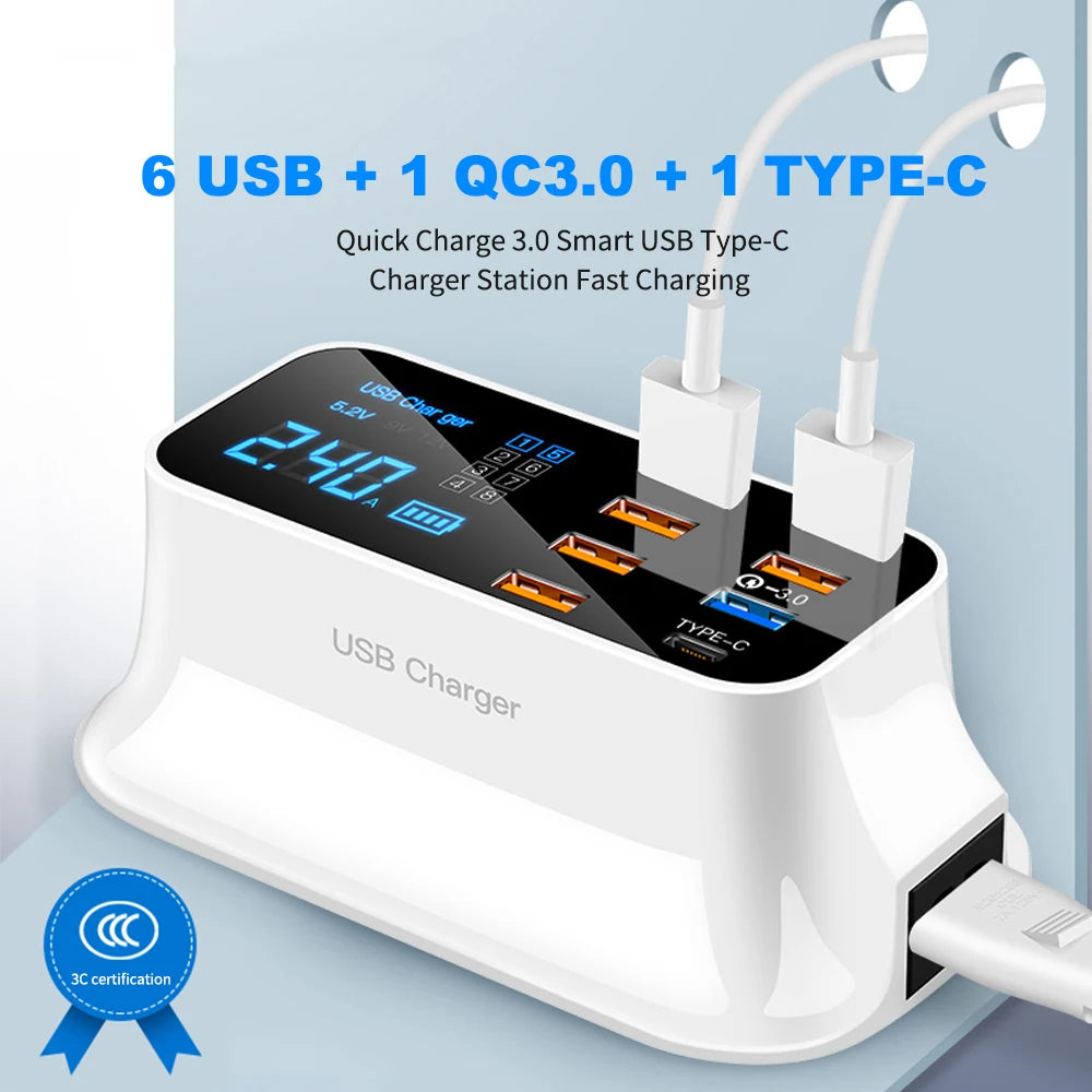 Carregador USB de 8 portas com QC3.0, PD18W e visor LED