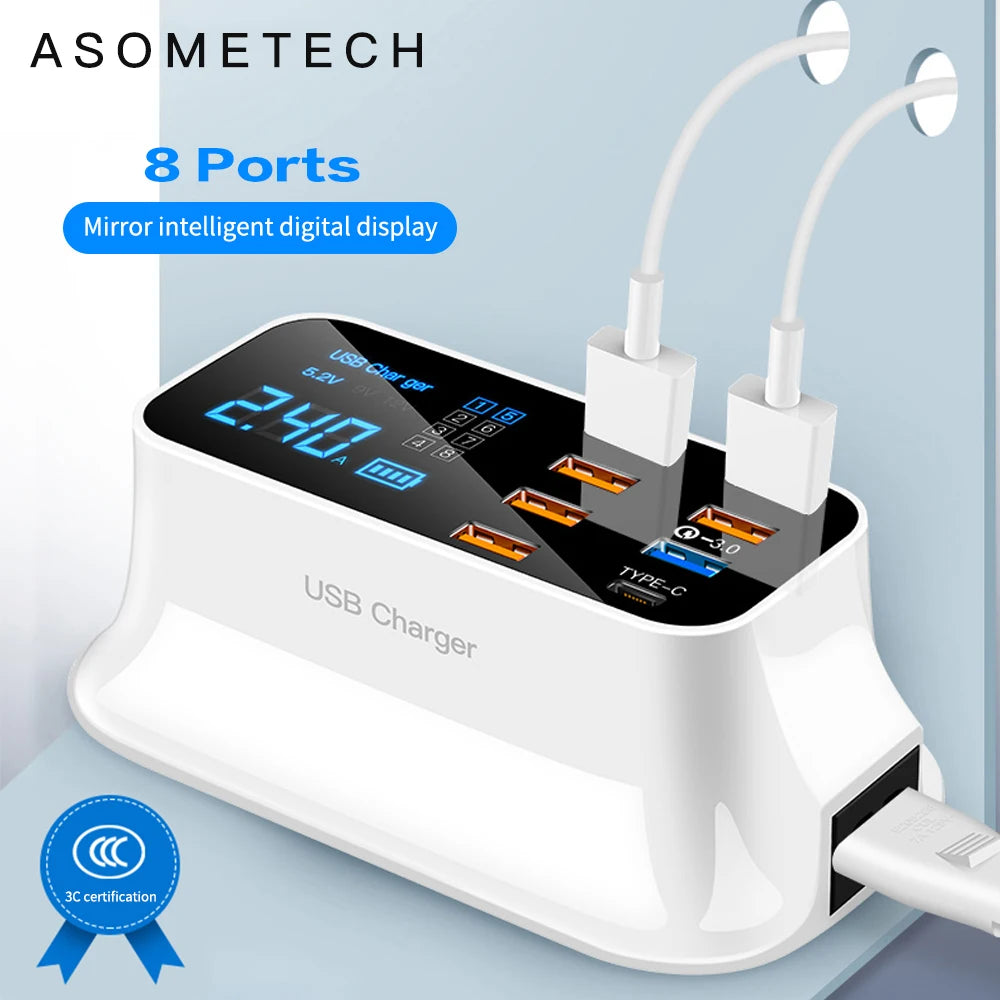 Carregador USB de 8 portas com QC3.0, PD18W e visor LED