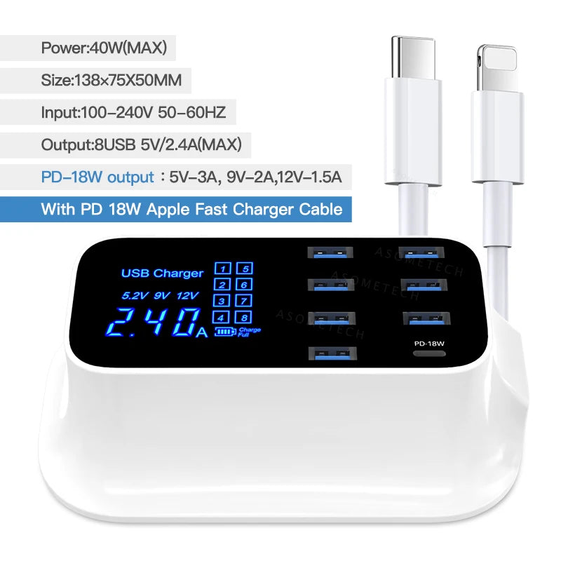 Carregador USB de 8 portas com QC3.0, PD18W e visor LED
