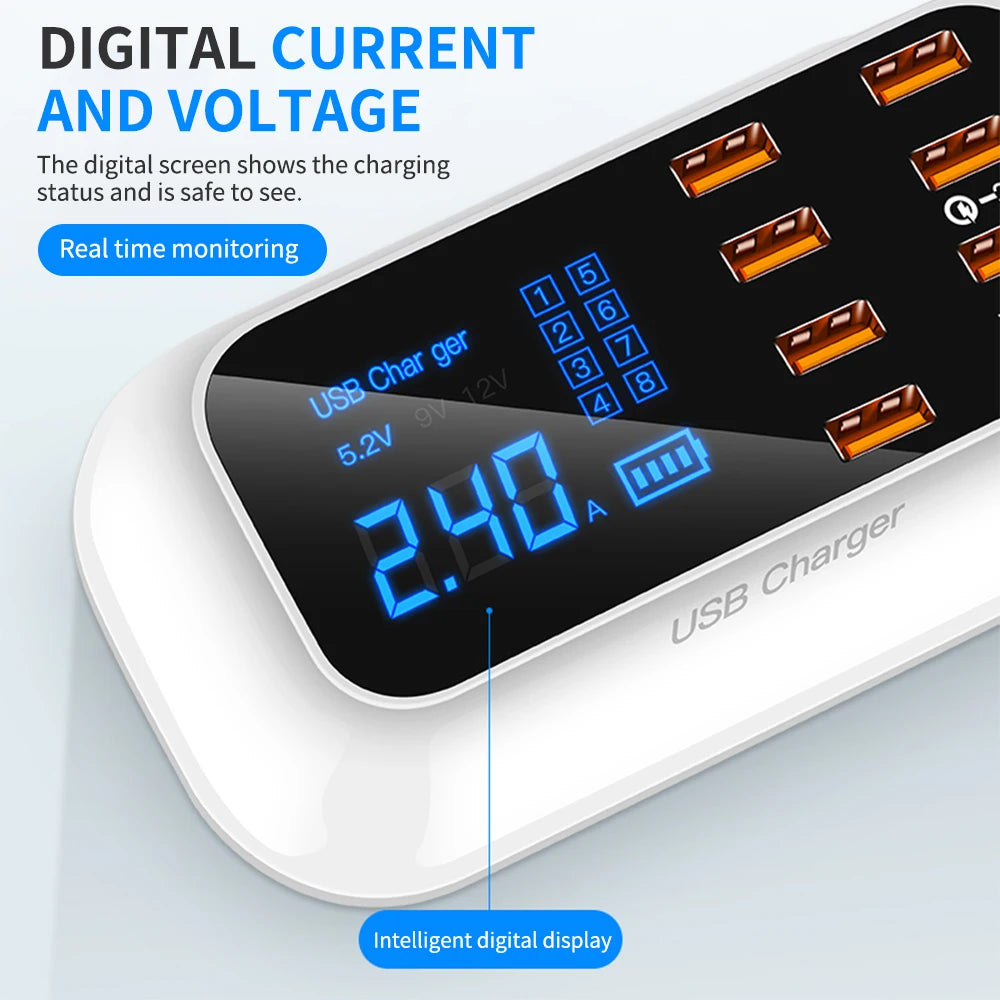 Carregador USB de 8 portas com QC3.0, PD18W e visor LED