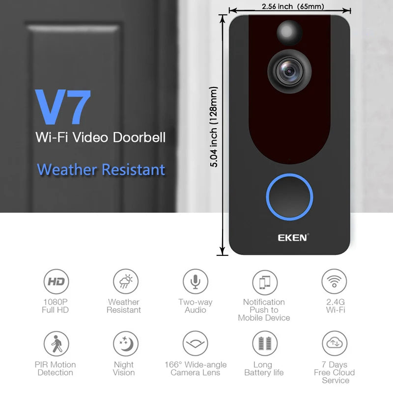 EKEN V7 Campainha WiFi HD 1080P | Intercomunicador Visual, Visão Noturna e Segurança