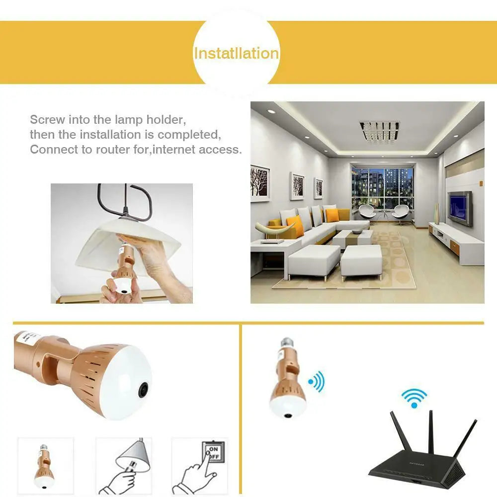 Câmara de Vigilância WiFi 2MP em Lâmpada E27 — Panorâmica 360° HD para Interior