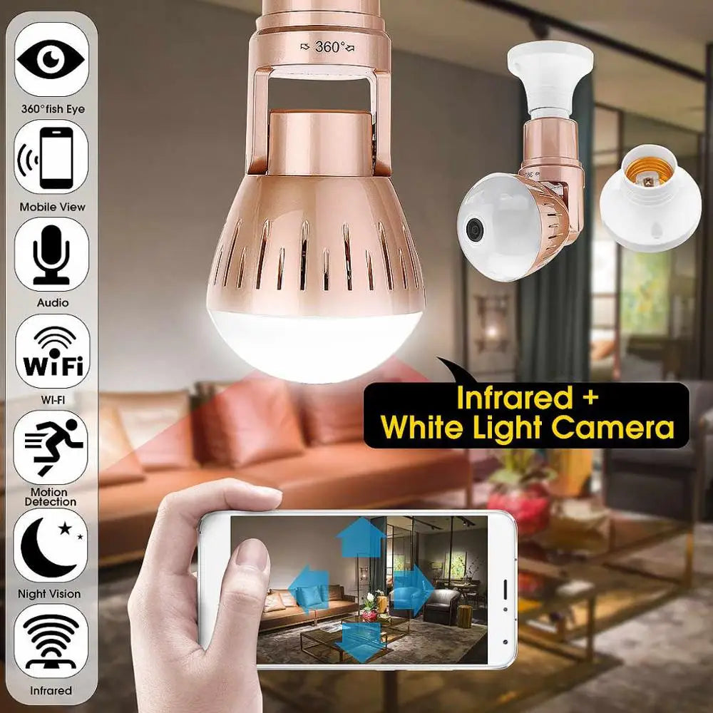 Câmara de Vigilância WiFi 2MP em Lâmpada E27 — Panorâmica 360° HD para Interior