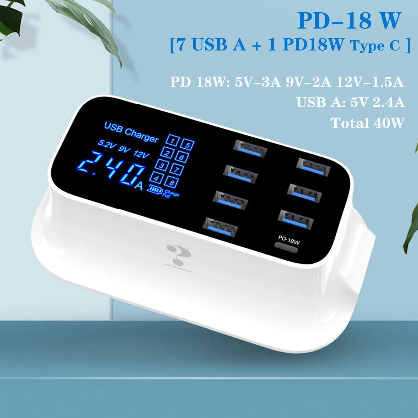 Carregador USB de 8 portas com QC3.0, PD18W e visor LED