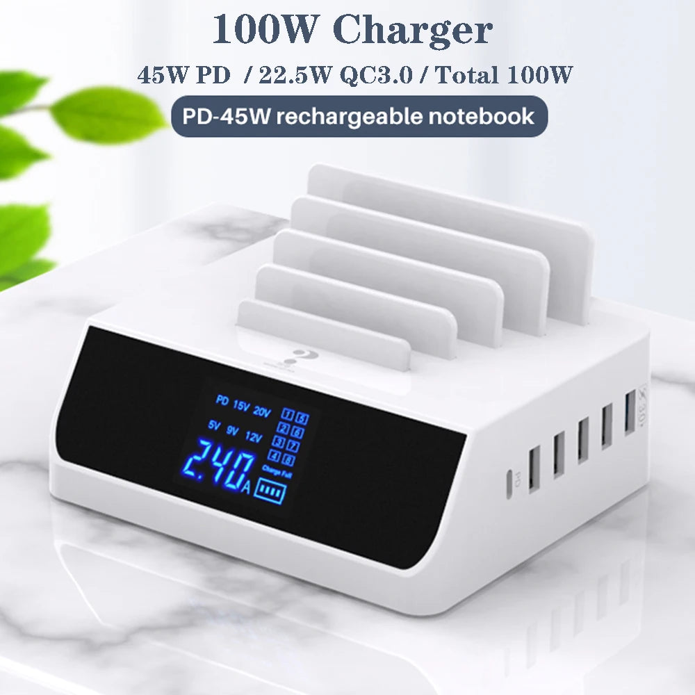 Carregador USB de 8 portas com QC3.0, PD18W e visor LED
